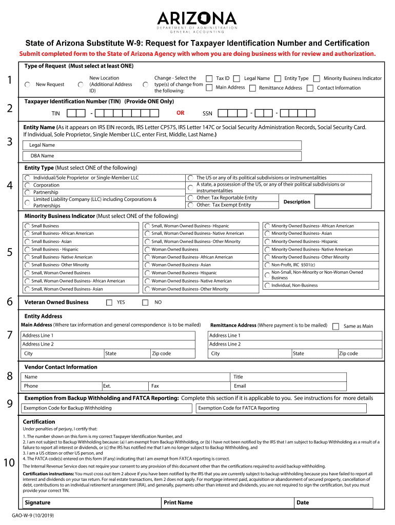  State of Arizona Substitute W 9 &Vendor Authorization Form 2019-2024