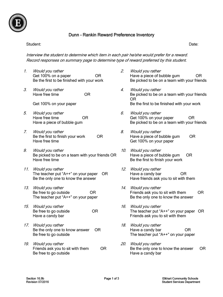 Dunn Rankin Reward Preference Inventory  Form