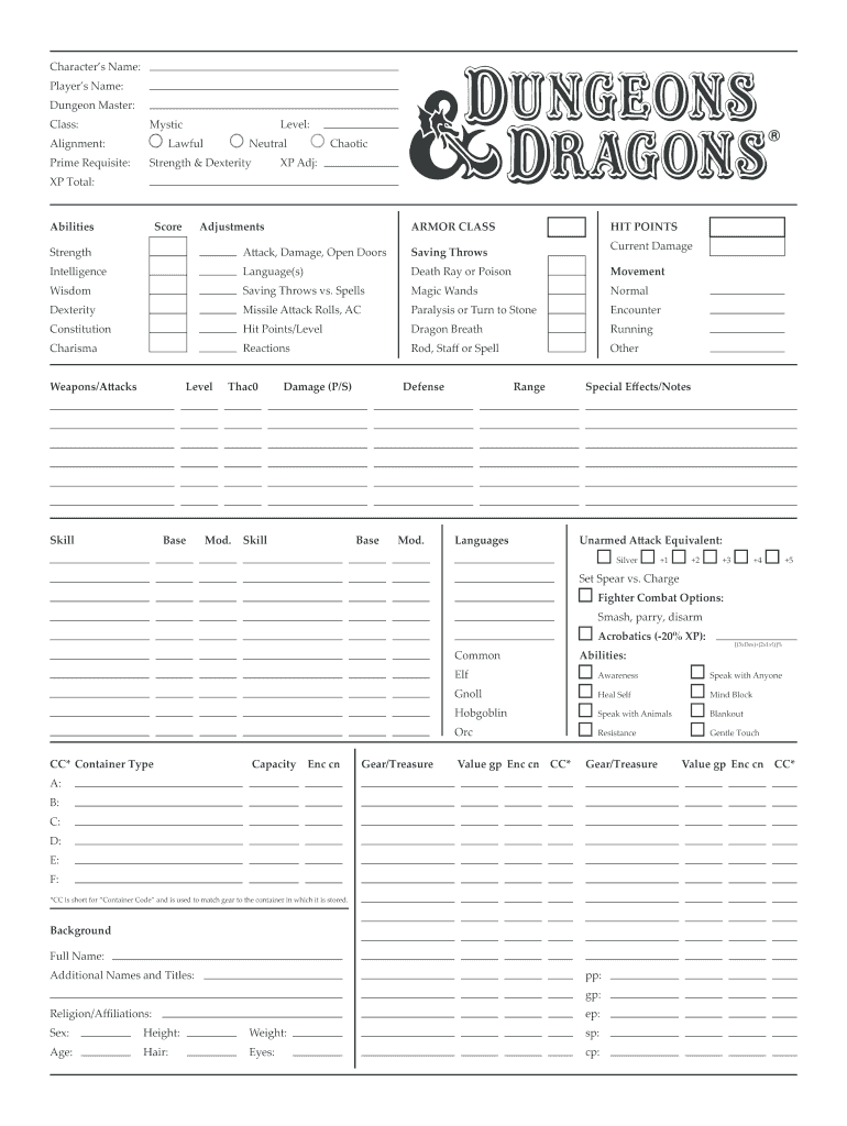 Mystic Character Sheet  Form