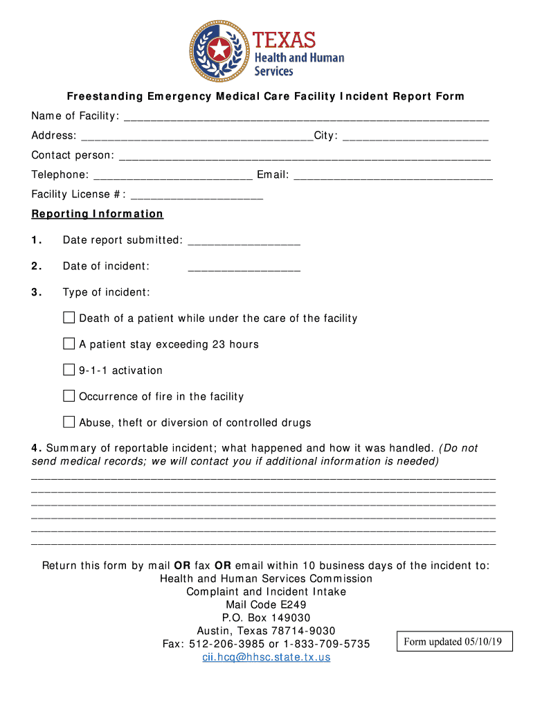 Standing Emergency Medical Care Facility Incident Report Form