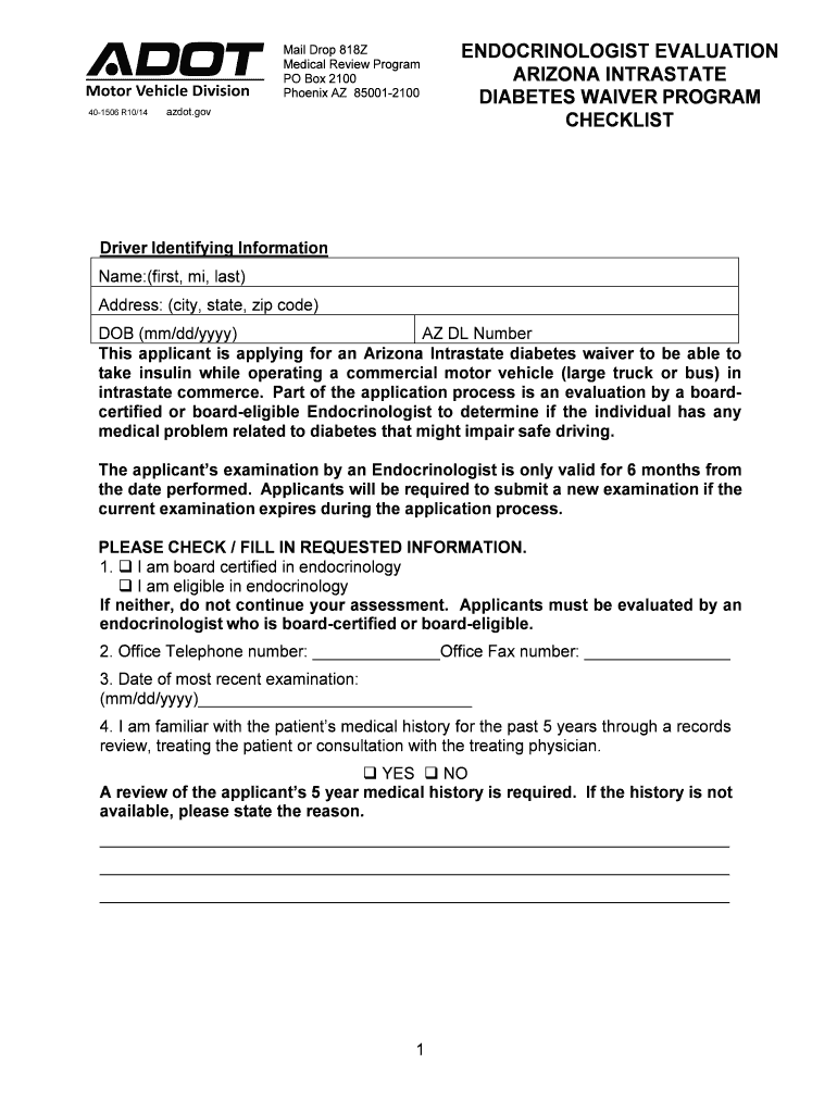 Endocrinologist Evaluation Arizona Intrastate Diabetes Waiver  Form