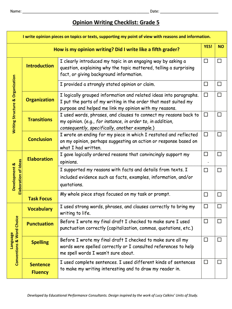 Opinion Writing Checklist Grade 5  Form