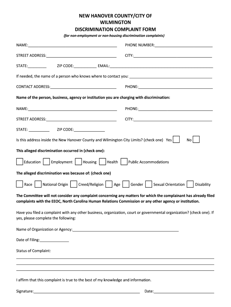 Nc Wilmington Complaint  Form