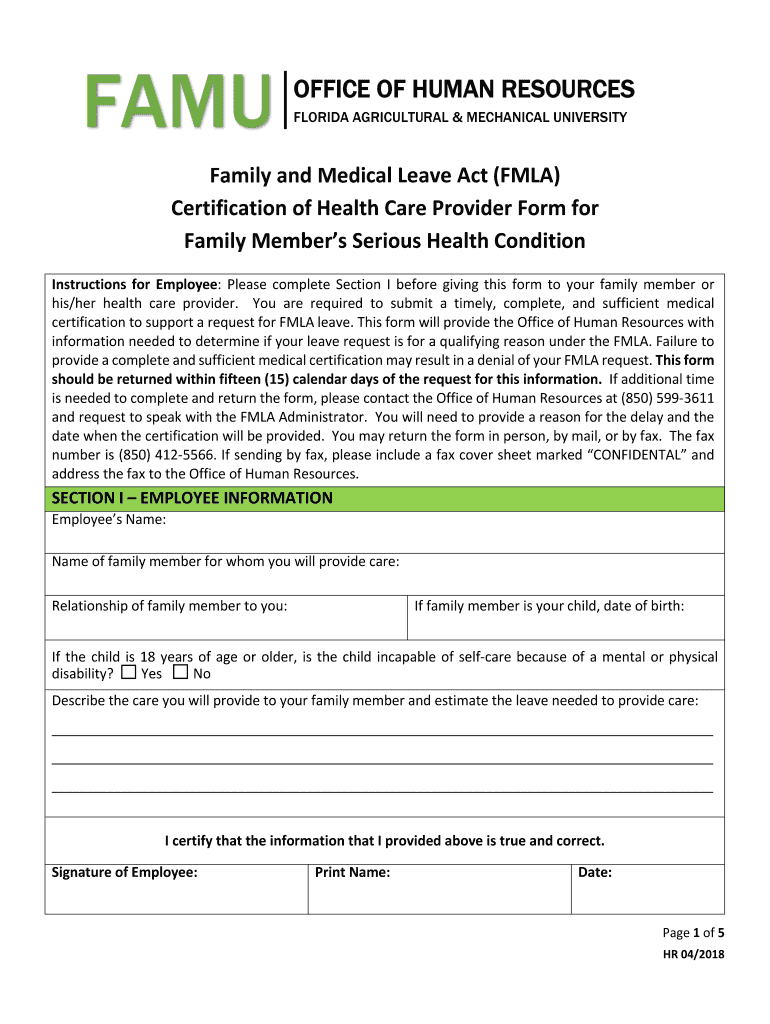 FMLA Medical Leave of Absence Request FAMU Edu  Form