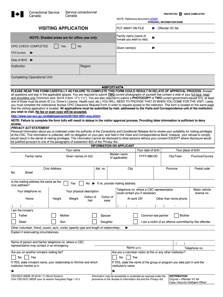  Visiting Application Correctional Service Canada 2018-2024