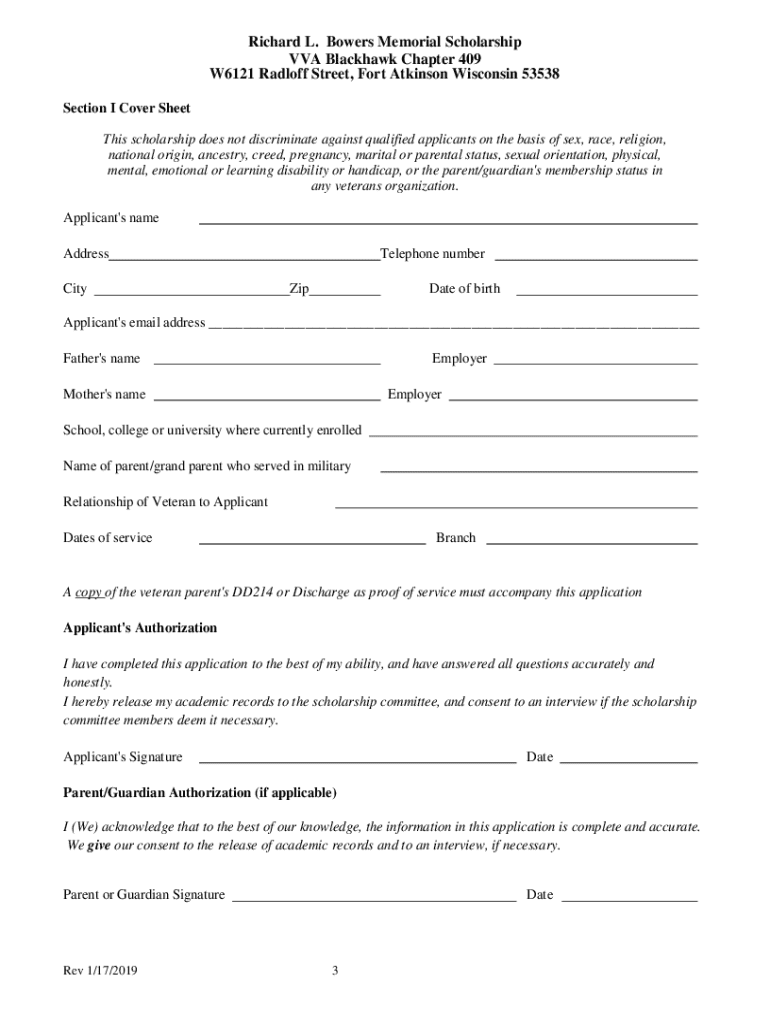 Richard L Bowers Memorial Scholarship VVA Blackhawk Chapter  Form