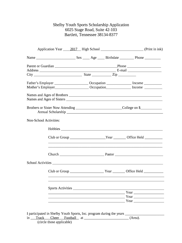 Youth Sports Scholarship Application Template  Form