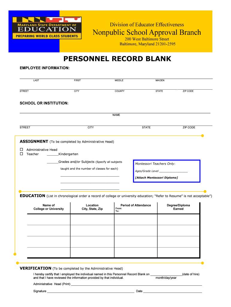 PERSONNEL RECORD BLANK  Form