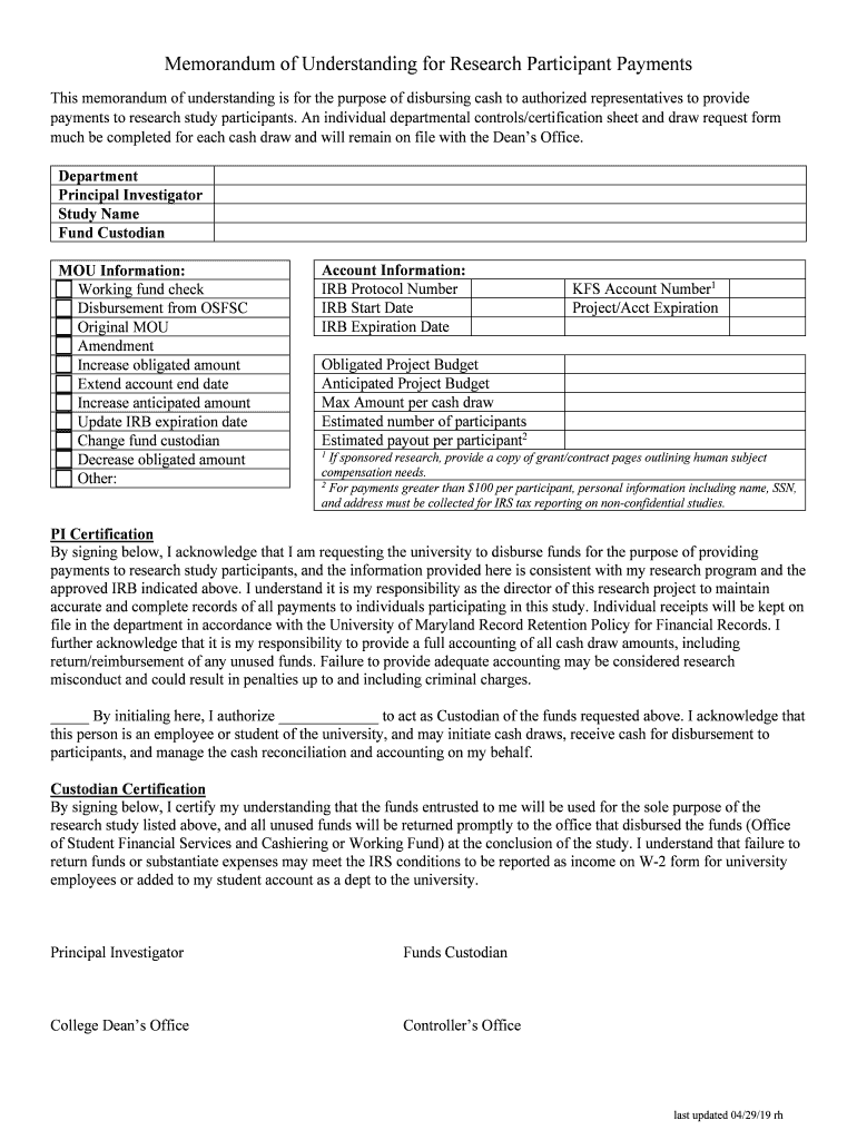  This Memorandum of Understanding is for the Purpose of Disbursing Cash to Authorized Representatives to Provide 2019-2024