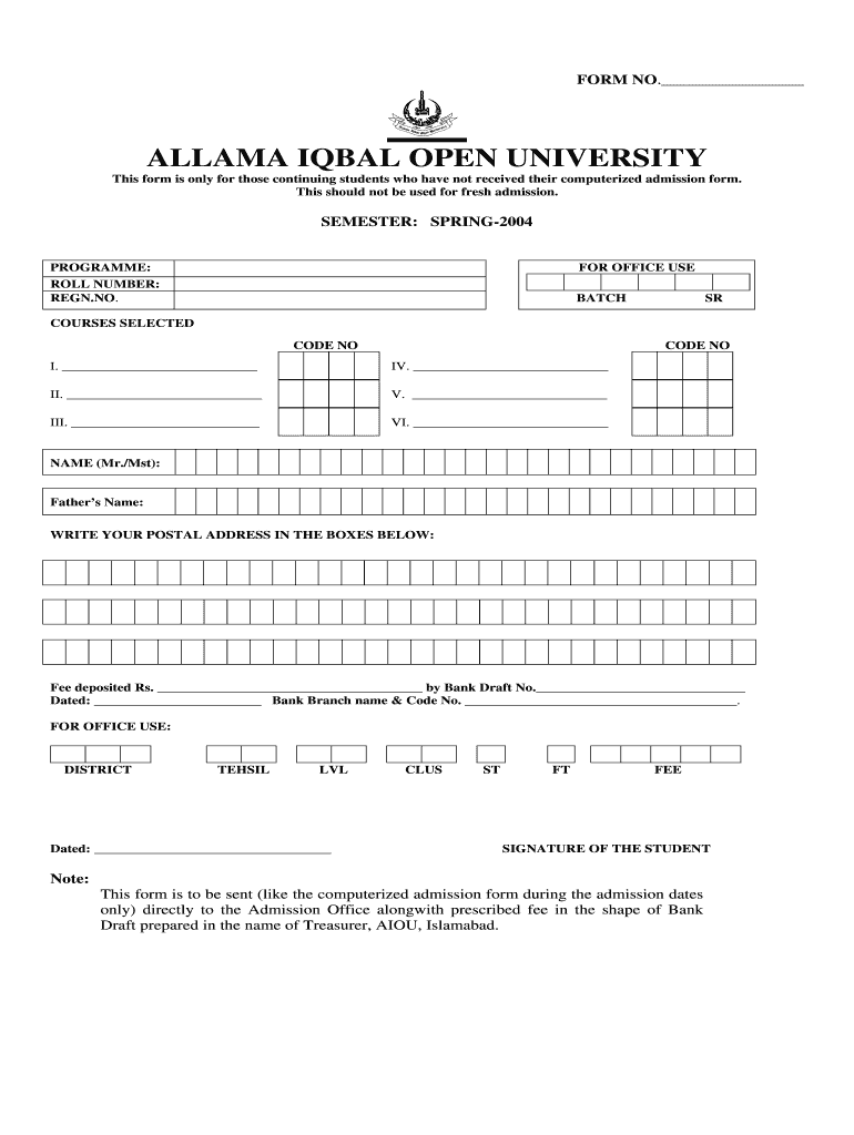 Online Admission Form Allama Iqbal Open University