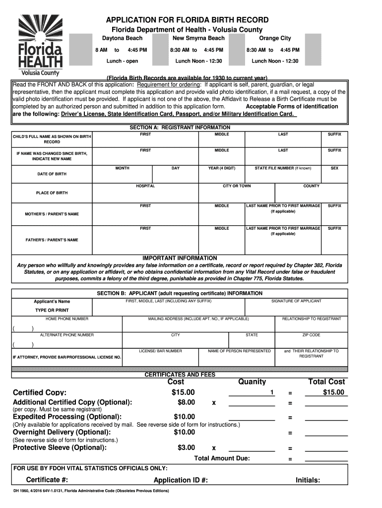 Birth Certificates Volusia County Health Department Florida  Form