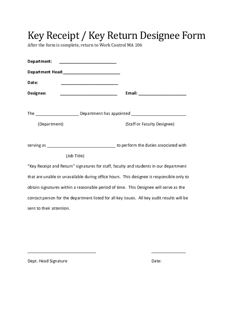  Key Receipt Key Return Designee Form Department 2021-2024