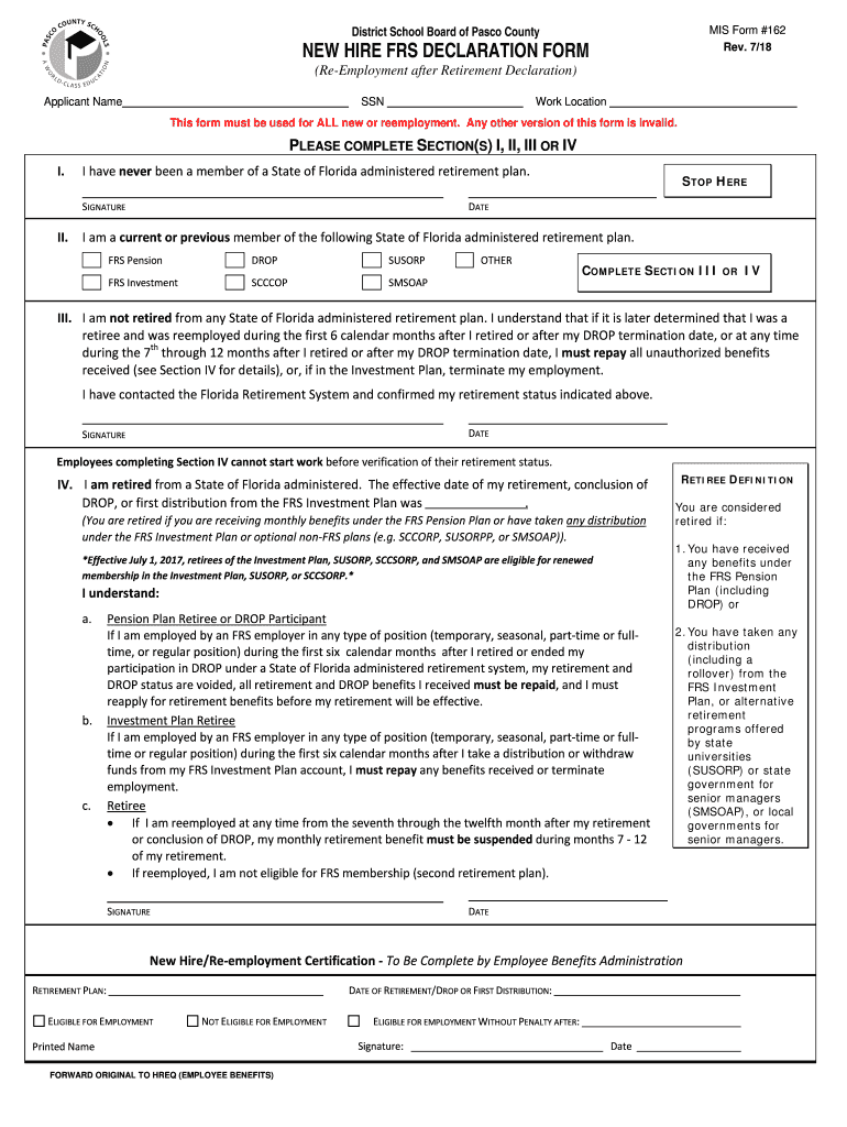  District School Board of Pasco County MIS Form #162 NEW 2018-2024