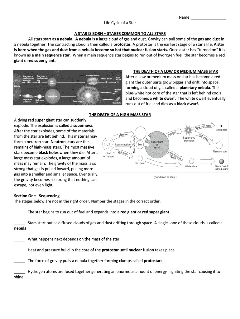 Life Cycle of a Star Worksheet Answers  Form