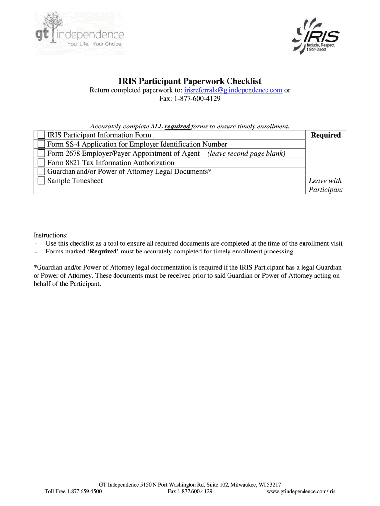 Get the IRIS Participant Hired Worker Paperwork Checklist  Form