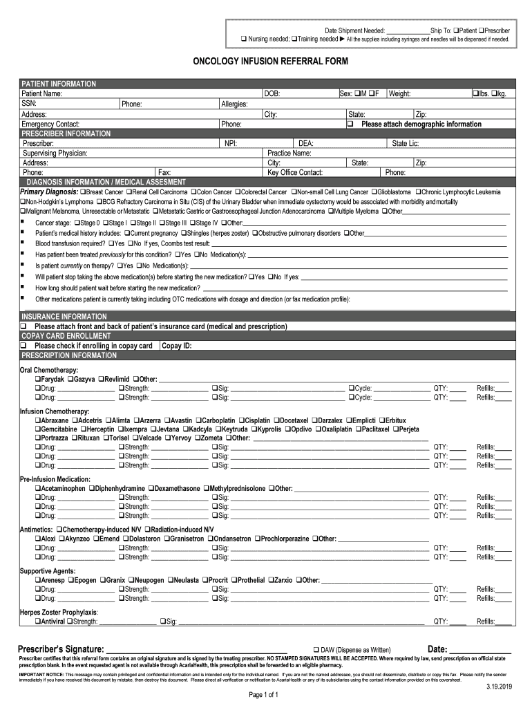 Acaria Health VA CT Oncology Infusion Referral Form Oncology Infusion Referral Form