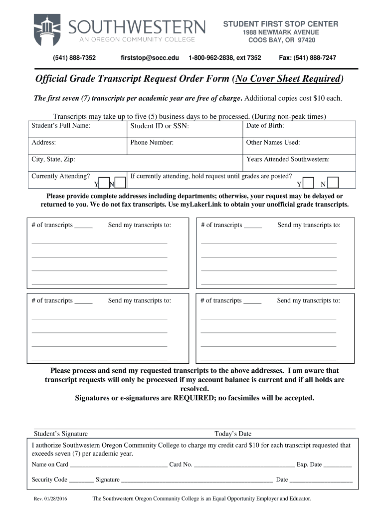  Transcript Request Form Southwestern Oregon Community 2016-2024