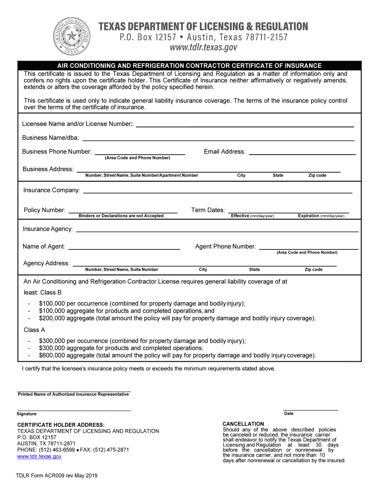 Air Conditioning Certificate of Insurance  Form