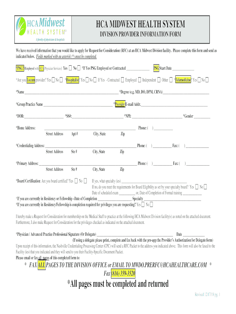 HCA Midwest Health System Division Provider Information Form Provider Information Form