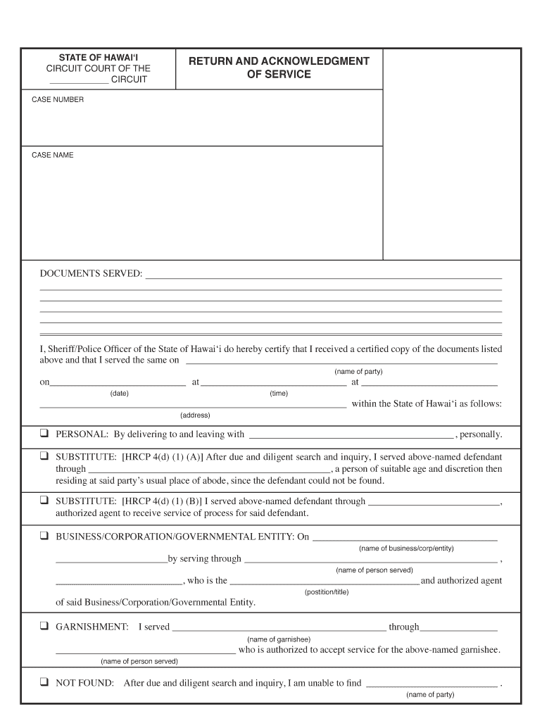 Return and Acknowledgment of Service Courts State Hi Us  Form