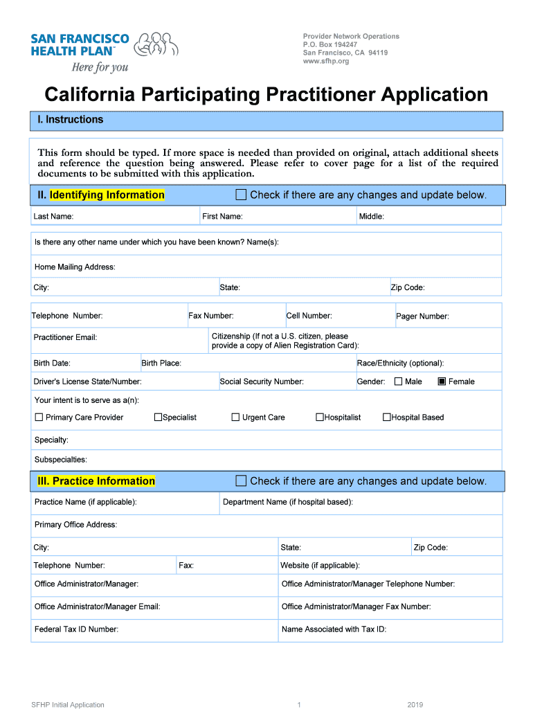 California Participating Practitioner Application Sfhp Org  Form