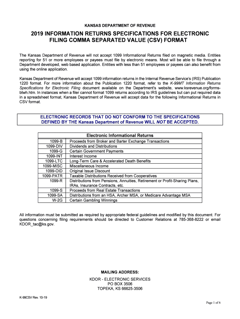 K 99CSV Information Returns Specifications for Electronic Filing Comma Separated Value CSV Format Rev 10 19 Electronic