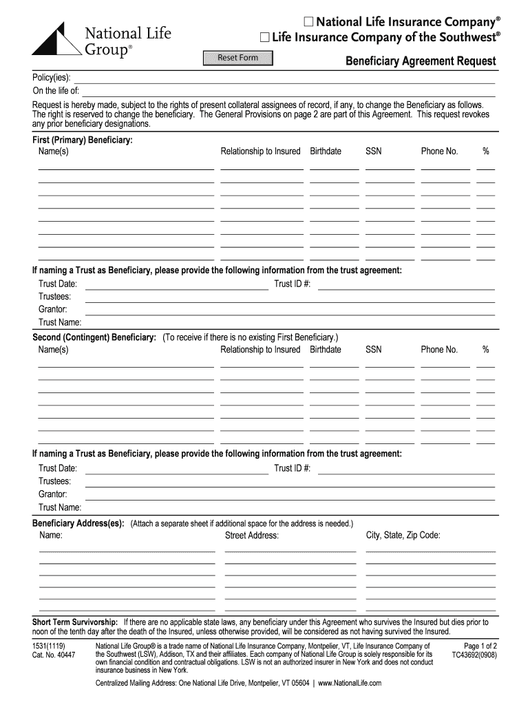  Get and Sign Beneficiary Agreement Request ISCorp Form 2019-2024