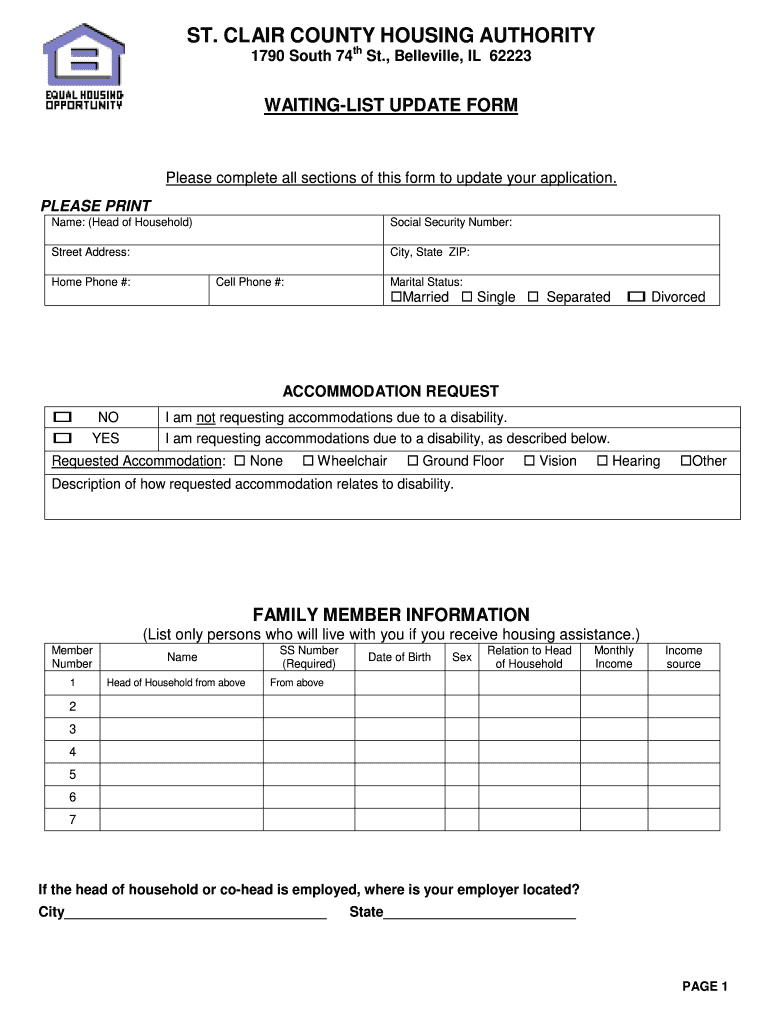 Waiting List Update Form PDF St Clair County Housing Authority