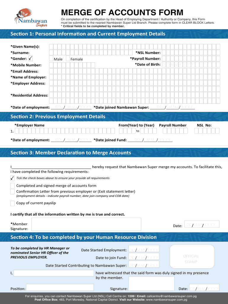 Merge of Accounts Form Nambawan Super Limited