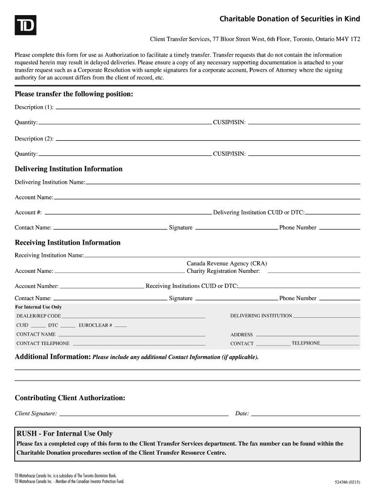 Charitable Donation of Securities in Kind Form TD Bank