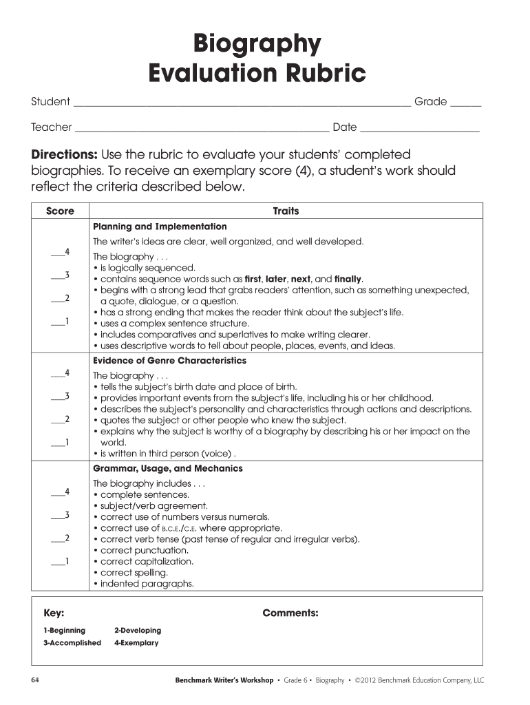 Biography Evaluation Rubric Benchmark Education Company  Form