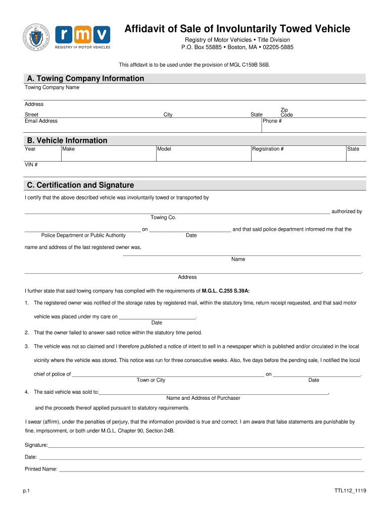  Affidavit of Sale of Involuntarily Towed Vehicle 2019-2024