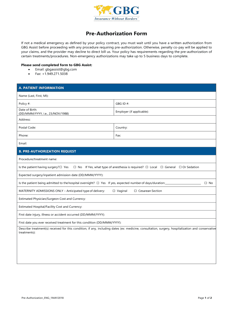  Pre Authorization Form 2018-2024