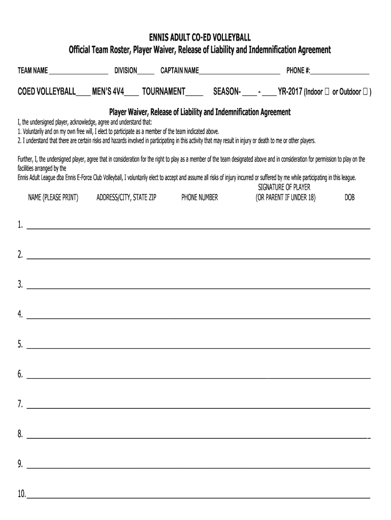 INDOOR VOLLEYBALL TEAM ROSTER and WAIVER FORM