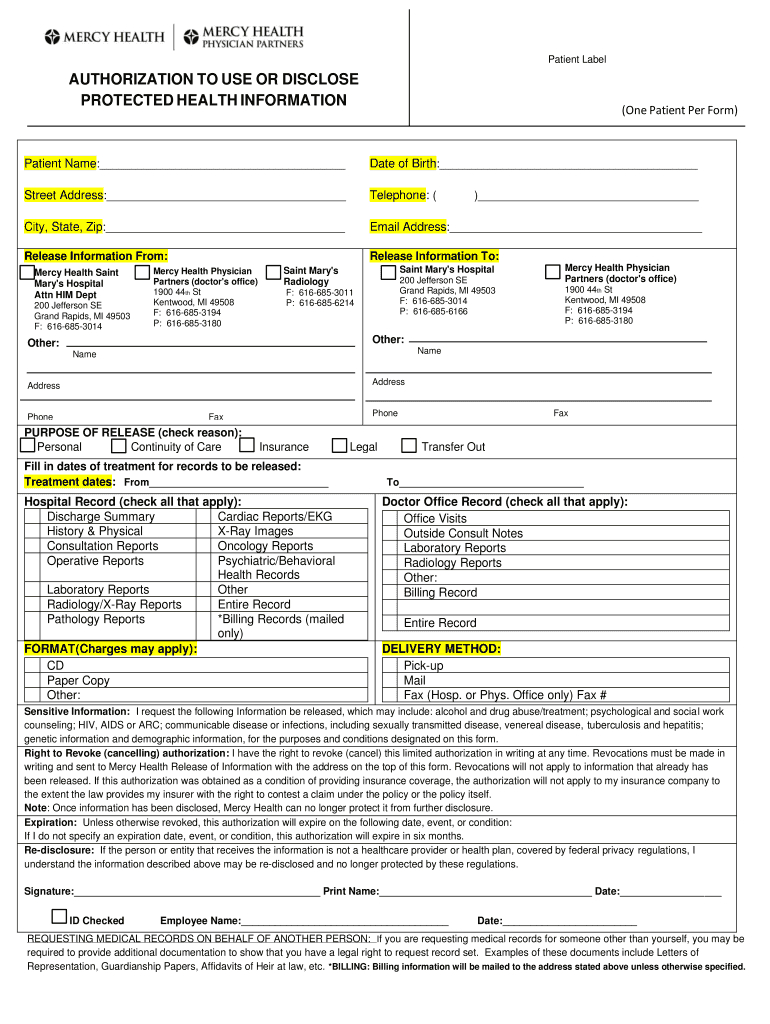 Release of Information Form 9 1 19 Medical Records