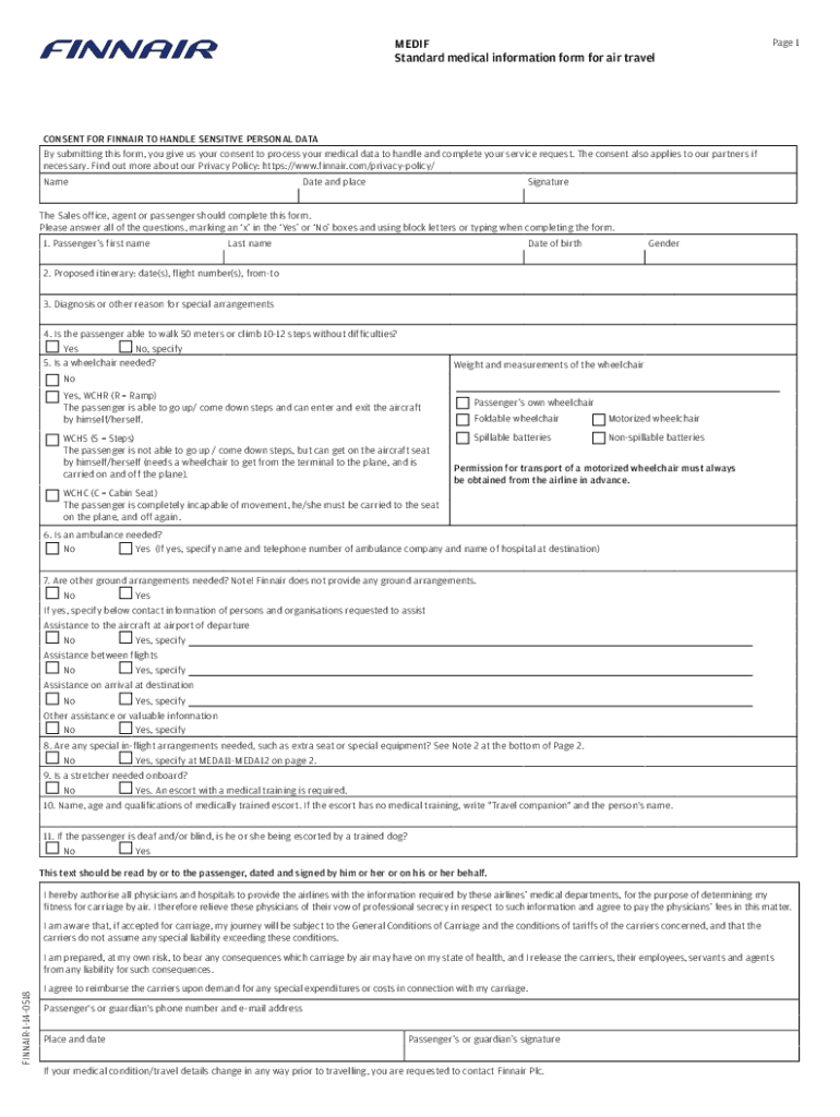  FI Finnair MEDIF Standard Medical Information Form for Air Travel 2018-2024