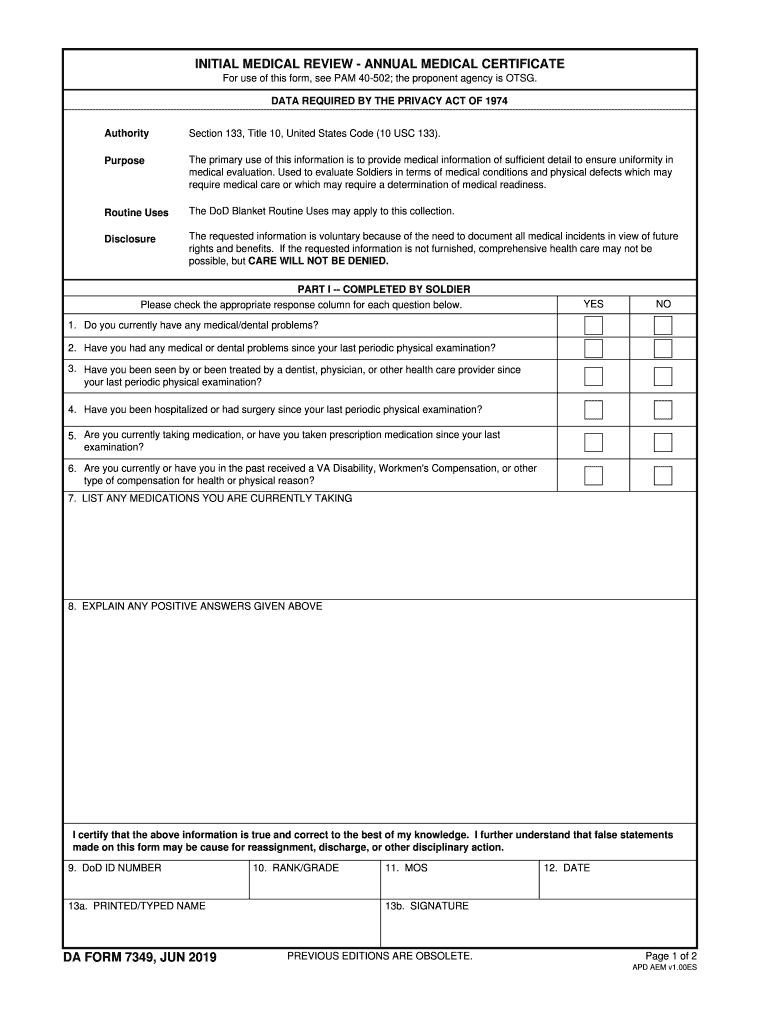 INITIAL MEDICAL REVIEW ANNUAL MEDICAL CERTIFICATE DA FORM 7349, JUN