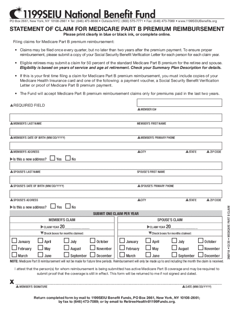 Medicare Part B Reimbursement Claim 1199SEIU Funds  Form