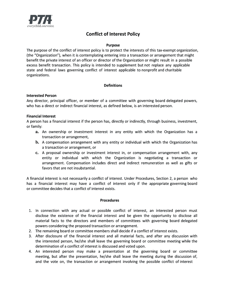 Sample Nonprofit Conflict of Interest Policy Template for  Form