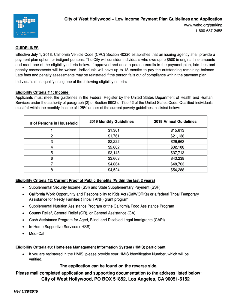 City of West Hollywood Low Income Payment Plan Guidelines and Application  Form