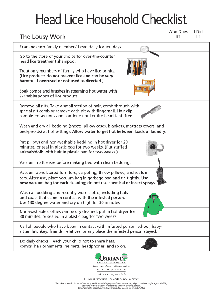 Lice Cleaning Checklist  Form