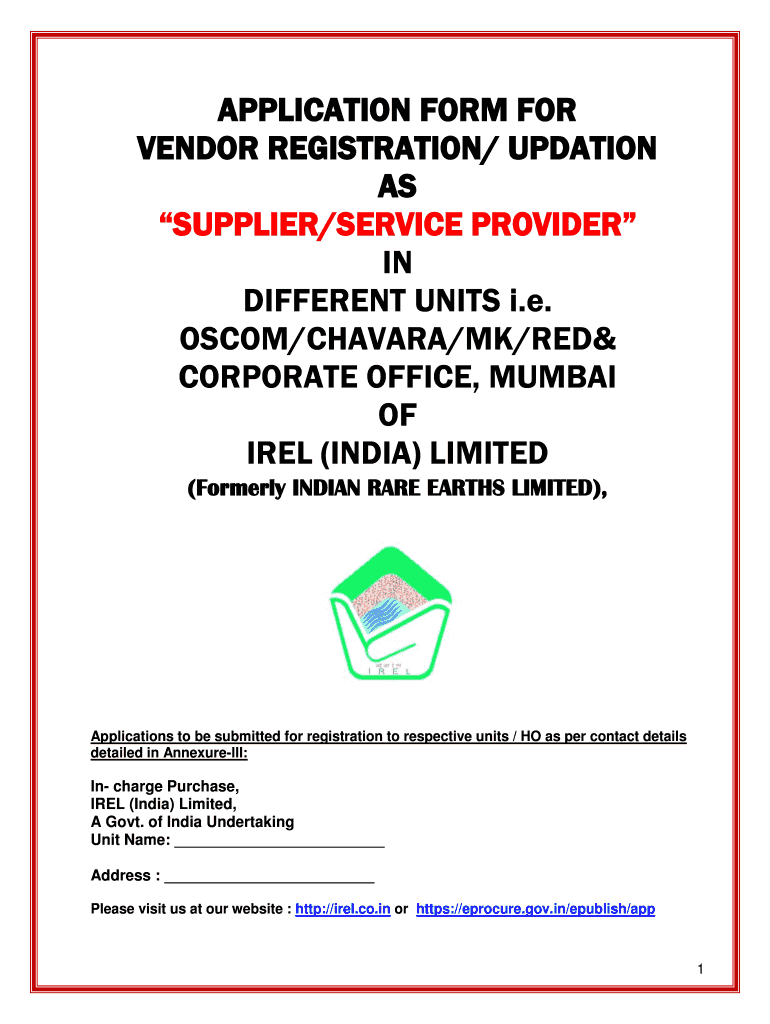 Irel Vendor Registration  Form
