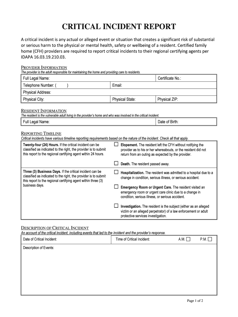 Critical Incident Report Idaho Department of Health and Welfare  Form