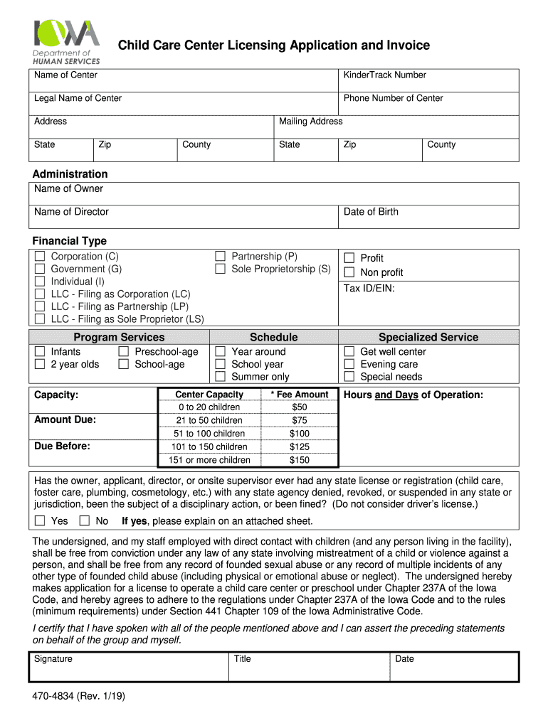 470 4834 Child Care Center Licensing Application and Invoice  Form