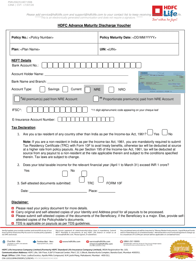 Hdfc Life Discharge Voucher  Form