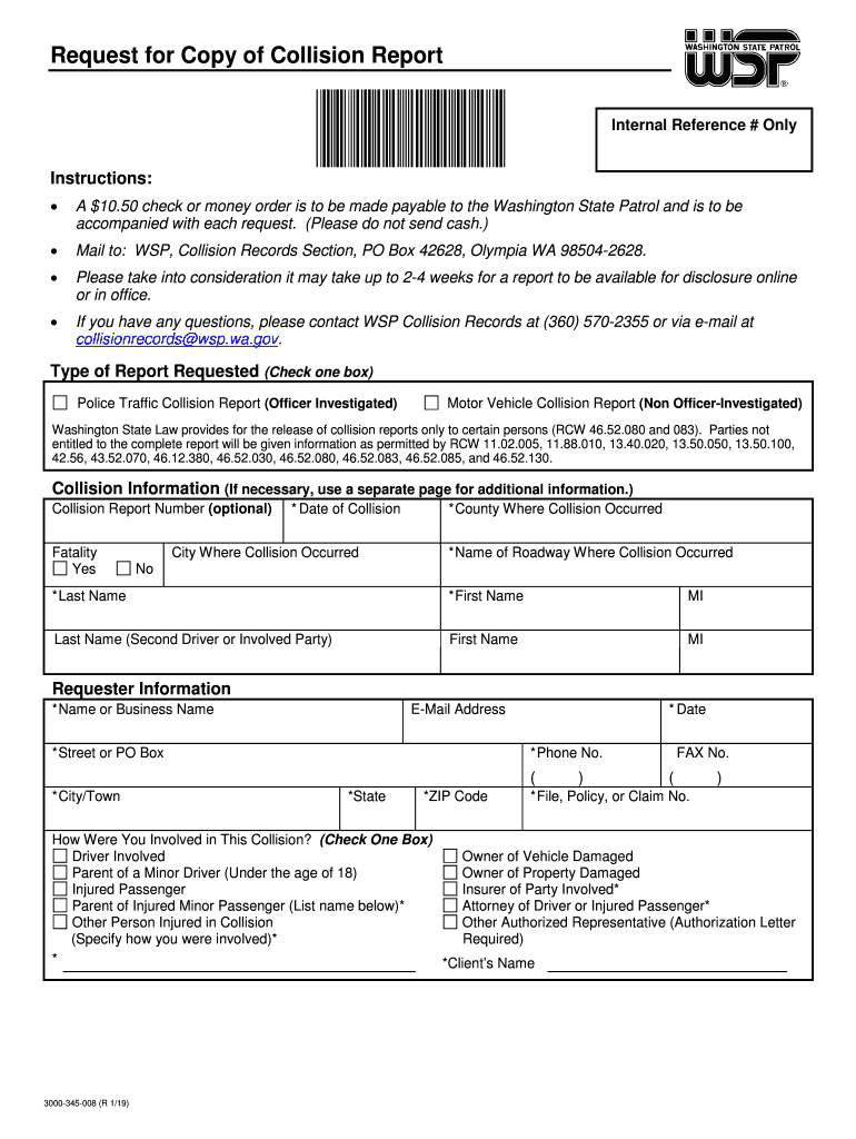  Request for Copy of Collision Report, Revised 119 Washington State Patrol Collision Records Section, 360 570 2355, Collisionreco 2019-2024