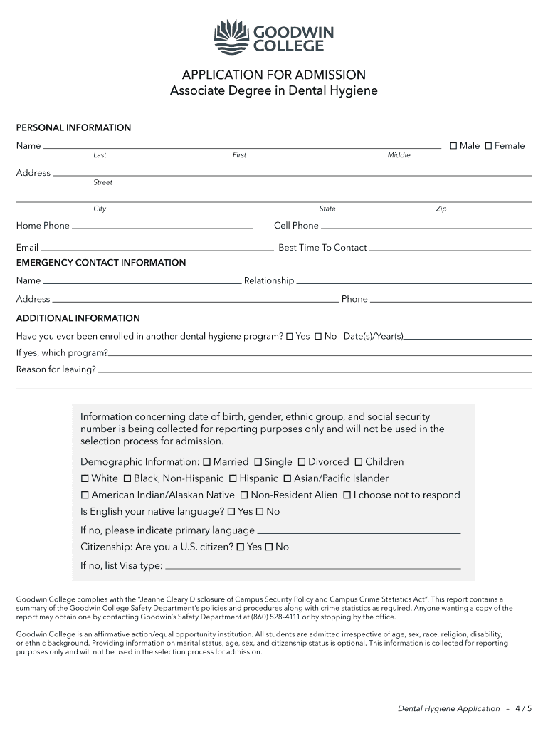 Dental Hygiene ApplicationGoodwin College  Form