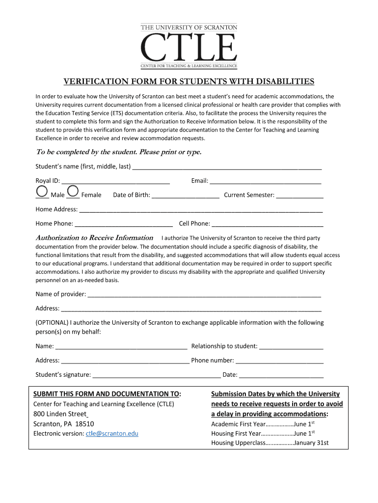 Verification Form for Students with Disabilities the University