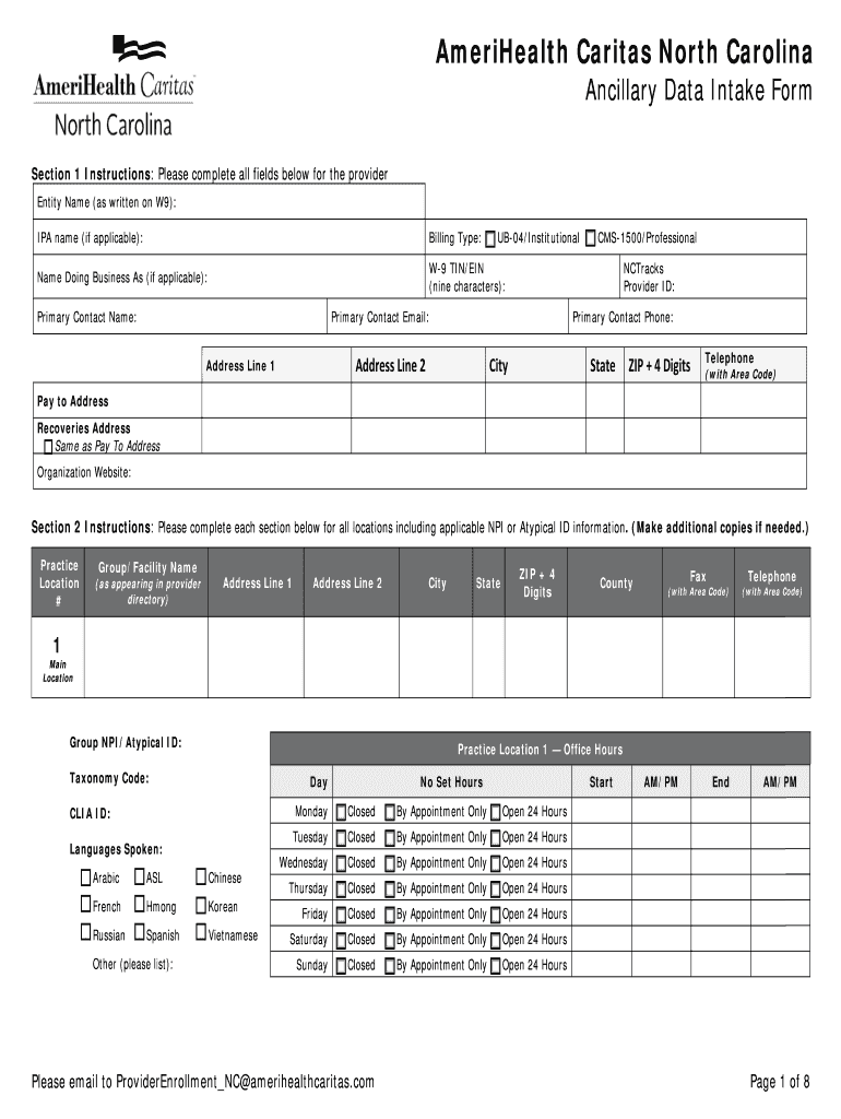 Ancillary Data Intake Form Providers AmeriHealth Caritas North Carolina Ancillary Data Intake Form