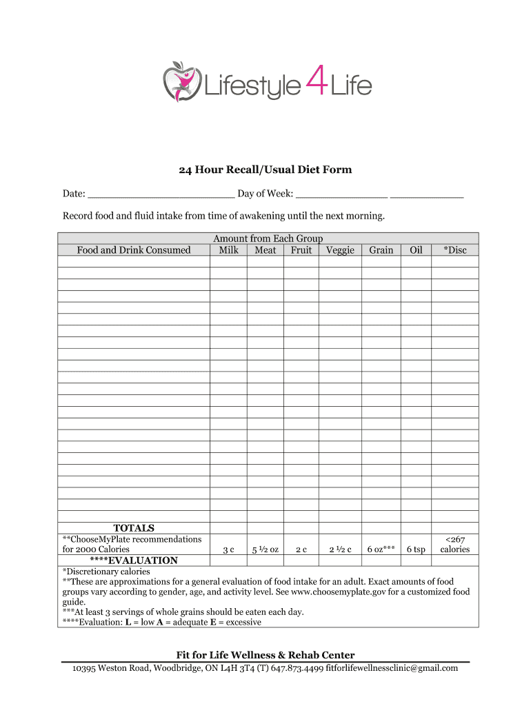 24 Hour Recall Template  Form